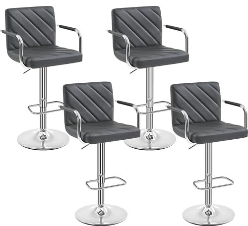Yaheetech Lot de 4 Tabourets de Bar avec Accoudoirs Réglables en Hauteur Siège Rotatif sur 360°, Chaises de Bar en Similicuir Pied en Métal, Tabouret Haut Moderne pour Bar Salle à Manger Gris Foncé