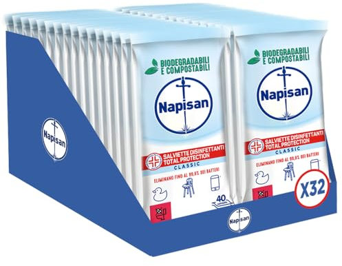 Napisan Salviette Disinfettanti Total Protection, Confezione da 32 Pacchi x 40 Salviette Disinfettanti Biodegradabili e Compostabili Multisuperfici