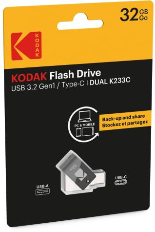 KODAK USB-Stick, 32 GB, K230 Dual Typ-C – USB 3.1, doppelte Anschlüsse Typ A und Typ-C, ultraschnelle Übertragung, kompaktes und langlebiges Design – Schwarz