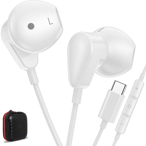 USB C Headphones for Google Pixel 9a Galaxy A16 A56 A36 S24 S25 USB Type-C Earbuds for iPhone 16 15 iPad 10th Gen Wired Earphones Microphone Volume Control Noise Isolating HiFi Stereo Headset White