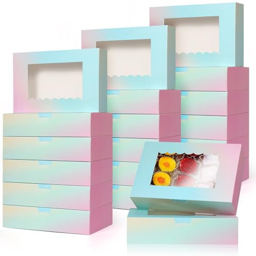 GXFCING 24 Stück Keksschachtel mit Sichtfenster 21,5 x 14 x 5,1cm Farbverlauf Kuchenboxen Gebäckkarton Transportbox Geschenkbox für Weihnachten Party Kuchen Cookie Muffins Kekse Cupcakes Verpackung