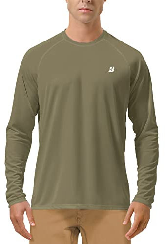 Roadbox Men's UPF 50+ UV Sun Protection Shirts, Long Seleeve Swim Rash Guard Quick Dry, SPF Breathable Gym T-Shirt for Running Hiking Fishing Khaki
