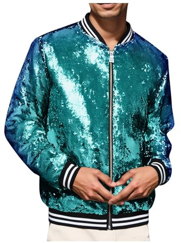 DUHENWU Glänzende Pailletten Bomberjacke Für Herren Gold Glitzer Shiny Sparkly Jacke 70Er Disco Nachtklub Party Kostüm Mode Casual Fasching Oberteil Mit Taschen Bikerjacke Übergangsjacke