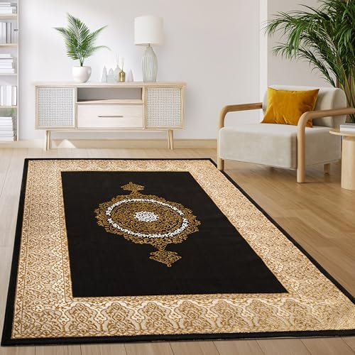 Paco Home Tapis Salon Chambre Vintage Oriental Abstrait Motif Moderne Noir Or, Dimension:160x220 cm