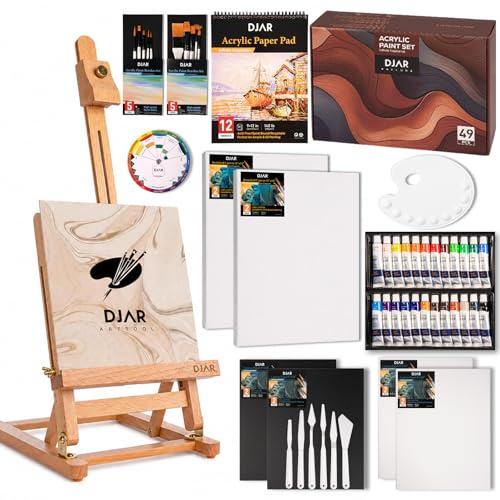 DJAR 49-teiliges Acryl Malset mit 64 cm Tischstaffelei, Verstellbares Buchenholz Malset mit 24 Farben, Leinwänden und Palette für Künstler