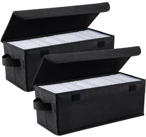 Aolawco 2 Pack CD Storage Boxes, 13.8*6.2* 5.5 CD Case, Pack of 2 CD Case Holder 35 CDs in Full Jewel Cases, 70 CDs in Slim Cases, and 180 Discs in CD Sleeves - Black