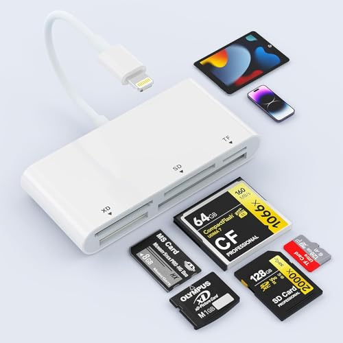 Lettore di schede SD per iPhone, lettore di schede di memoria multi iPhone 5 in 1 per schede XD, CF, SD, TF, adattatore per lettore di schede di memoria SD per iPhone 14/14 Pro/14 Pro Max/13/12/iPad
