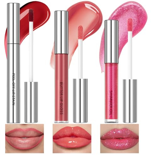 Jutqut 3 Stück Lip Gloss Set, Peel Off Lip Stain, Matt Wasserfest Lippenstift, Hydrating Lippen Gloss Set Makeup, Plumping Finish, Glitzer Shiny Lip Glow Oil Mit Glänzender für mädchen, 05