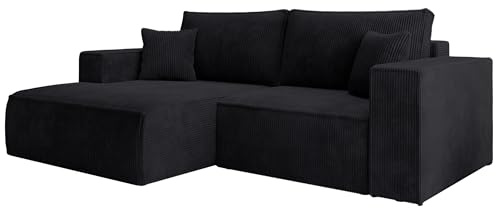 Selsey Ecksofa Schwarz Sofa Mit Schlaffunktion Linksseitig Inkl. Bettkasten 240 x 167 cm Und Abnehmbare Rückenkissen Kleines Couch Sofa Modular Ottomane Kompakt Für Kleine Wohnräume Cord Bezug