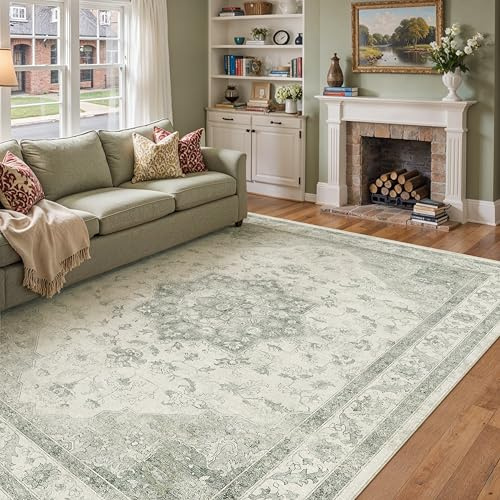 PureCozy Vintage Grün Teppich Wohnzimmer 160x230cm Waschbar | Waschbarer Teppich, Weich Rutschfest, Kurzflor Boho, für Wohnzimmer Schlafzimmer Esszimmer Büro, Großer Teppich