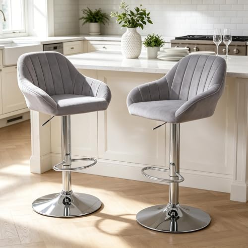 Orirsnug Barhocker 2er Set Höhenverstellbar Drehbar Frühstücksstuhl Grau | mit Rückenlehne und Armlehnen Küchenstuhl aus Samtstoff,Geeignet für Bar, Theken und Küchen