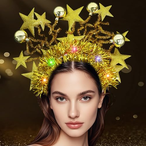 Bandeau étoile lumineuse - Serre-tête - Accessoire de costume de carnaval - Bandeau LED à paillettes avec boule disco - Accessoire de cheveux pour carnaval, Noël, Nouvel An - Doré