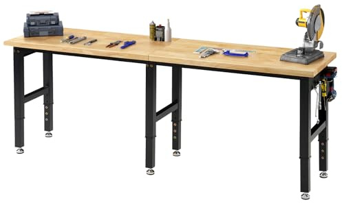 LUXOAK 213x61 cm höhenverstellbarer Werkbank mit Steckdosen, 2722 kg belastbare Holzwerkbank mit Haken, massiver Gummiholz-Arbeitsplatte für Garage, Werkstatt, Holzbearbeitung und Home-Office