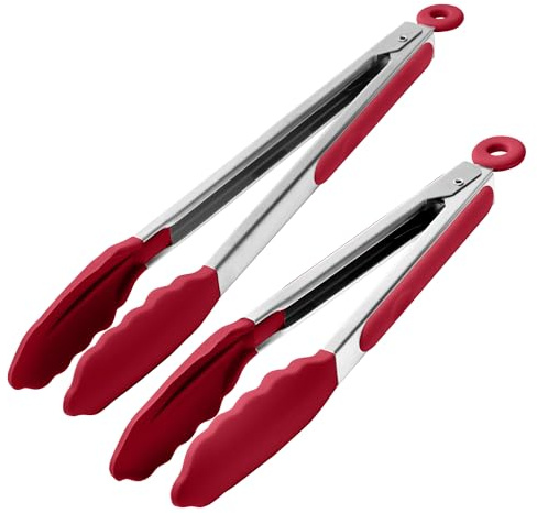 Doosu Silikon Küchenzange Grillzange, 315℃ hitzebeständig, 23+30cm, Rot | Kochzange mit Gummispitzen, kratzschonend, verriegelbar, rutschfest robust für Pfanne Airfryer, Spaghetti Nudeln Steak Salat