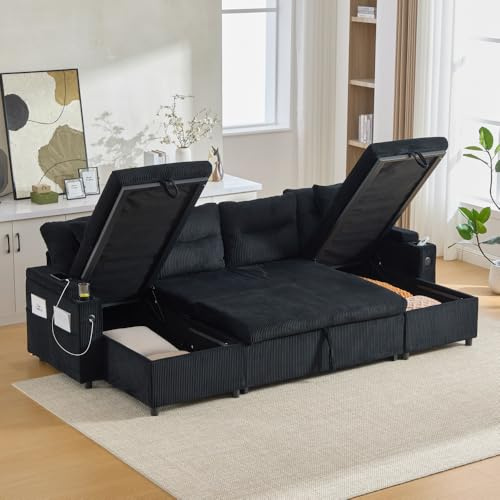 Lubvtti Divano letto 4 posti con portabicchieri,porte USB,contenitore integrato, divano 4 posti moderno in velluto a coste,divano angolare a U con chaise longue (Nero + 4 posti)