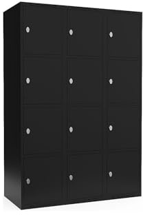 kaiserkraft | 4er-Schließfachschrank Fydor | 3 Abteile | Schwarz | B 1200 mm | Flache Dachform | Vorhängeschloss