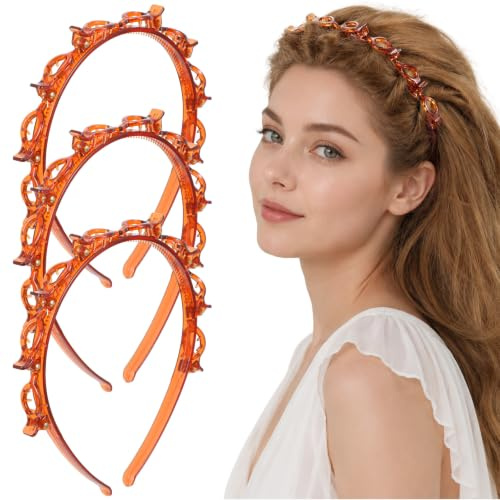 Elegaperma 3 Stück Headbands with Clips, Haarreifen Curly Hair, Bernstein | Haarreif mit Klammern für Damen und Mädchen, Twist Clip Stirnband, Styling-zubehör, 11.2 × 13.7cm