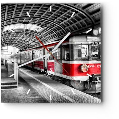 Modern Wanduhr Bahn Bahnhof Zug Transport 40x40cm Quadrat Groß Wand Uhr Glas Analog Zimmeruhren Küche Büro Wohnzimmer Glasuhr Wall Clock Dekoration Design Wanddekoration Küchenuhr C3AC40x40-2558