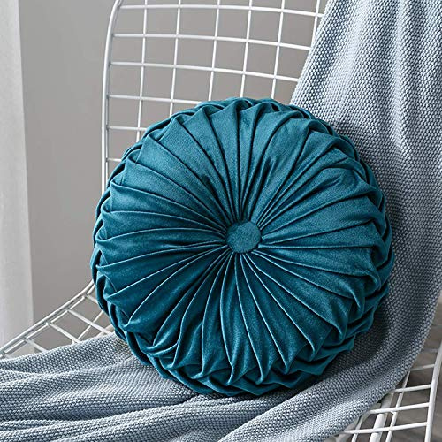 Bprtcra runde Samt-Kissen, plissiert, rundes Kissen, plissiert, gepolstert, Velours, handgefertigt für Haus, Sofa, Stuhl, Bett, Auto, 35 cm (Blau)
