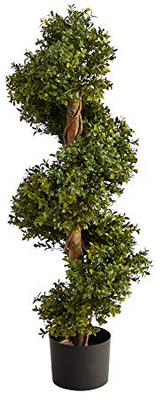Nearly Natural 33in. Artificial Boxwood Spiral Topiary, Faux Greenery with Black Planter, Indoor/Outdoor Decor