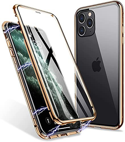 LIUKM Hülle für iPhone 11 Pro Magnetische Adsorption Handyhülle 360 Grad Stoßschutz Vorne hinten Gehärtetes Glas Schutzhülle Metallrahmen Cover Case - Golden