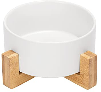 SPUNKYJUNKY Gamelle en céramique avec Support en Bambou pour Chat et Chien (850ml, Blanc-1)