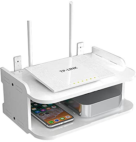 Rack para enrutadores de estantería, rack de pared, estante para TV, soporte flotante, reproductor de DVD, router, color blanco, 30 × 20 × 13 cm