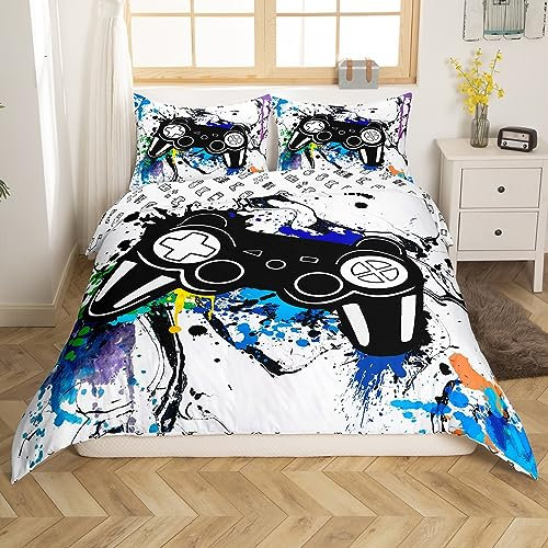 Juego de ropa de cama, funda de edredón con diseño tinta de acuarela y estampado de mando de consola de videojuegos, para niños y niñas, todas las estaciones, color negro, 3 piezas, tamaño Super King