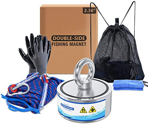 Fishing Magnet Kit, 800 lbs Pulling Force Strong Neodymium, Double Sided Magnet Fishing Set with Rope, Gloves, Threadlocker for Retrieving, Salvage, Treasure Hunting in Rivers, Ni-Cu-Ni coating