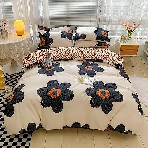 Houseri Bettwäsche-Set für Doppelbett, 3D-Blumenmuster, Doppelbettgröße, für Kleinkinder, Mädchen, Kawaii-Blumen, niedlicher Relief-Druck, Beige, Weiß, Blumen-Bettwäsche-Set, Doppelbett, Schwarz