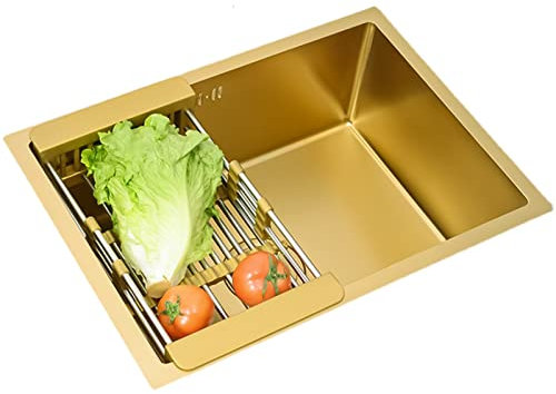 Fregadero De Cocina De Acero Inoxidable 304 Dorado Fregadero De Un Solo Tazón con Escurridor Dorado Adecuado para Baño, Bar, Restaurante (Color : Gold, S : 55x40x21cm)