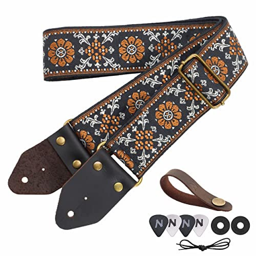 Nefelibata Gitarrengurt, 2 Jacquard-Stickerei Baumwolle Gitarrengurte mit Crazy Horse Leder Enden für Bass, elektrische & akustische, Geschenke für Kinder, Gitarristen
