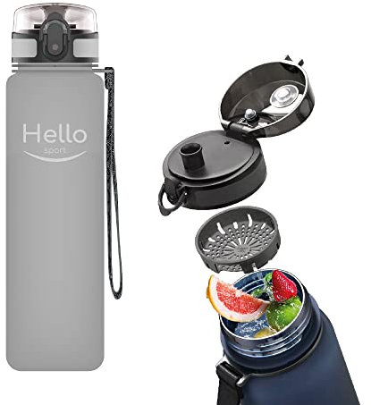 Hello Sport Borraccia Sportiva 1 Litro in Tritan con Filtro Infusore e Apertura a Click - Borraccia Palestra senza BPA - per Bevande Fredde e Calde - Disponibile in due Colori (Grigio)