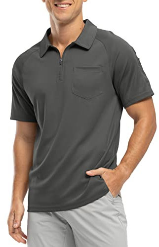 Rdruko Mens Polo Shirts Short Sleeve Summer 1/4 Zip Neck Work T-Shirs Breathable Wicking Quick Dry Casual Smart Golf Tops with Pocket Dark Grey L