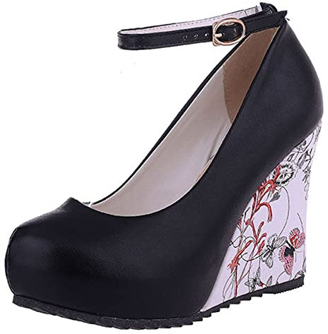 Femme Escarpins À Talon Compensé Bout Rond Pompes de Mode Boucle Chaussures de Soirée À Talons Hauts avec Plateforme Bride Cheville, 14948Iii Noir Taille 40 EU