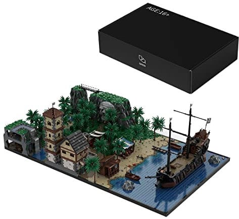SRYC MOC Pirateninsel Bausteine, Klemmbausteine Mittelalter La Grotte Morte Pirateninsel mit Piratenschiff, Großes Piraten Insel Bausatz Kompatibel mit Lego Barracuda Bay (18932 Teile)