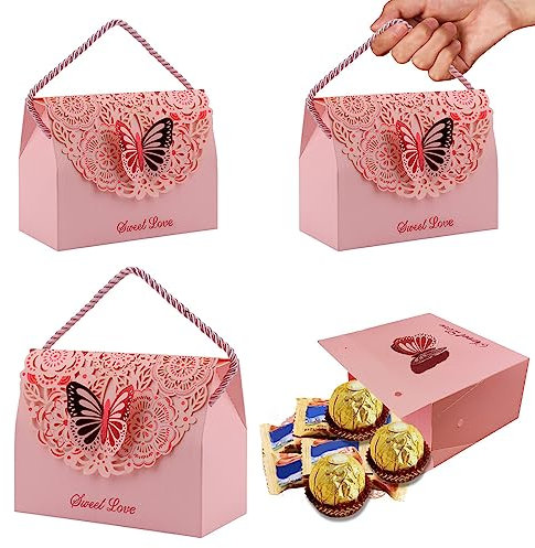 Scatole regalo di caramelle 10 pezzi con maniglia portatile, scatola rosa in carta a fiore cavo con farfalla, perfetta per feste di matrimonio, compleanni e decorazioni natalizie