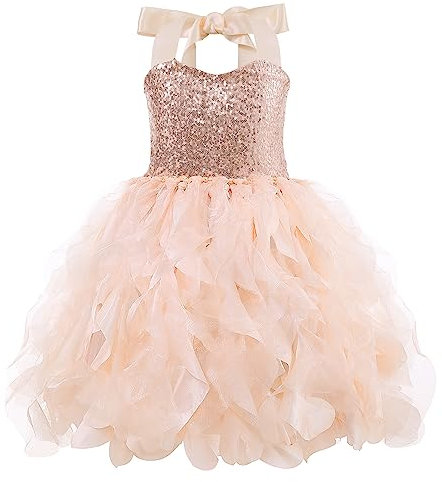 Suppromo Robe tutu en tulle à paillettes scintillantes pour fête d'anniversaire, bal de fin d'année, petite fille, robe de bal, rose gold, 12 ans