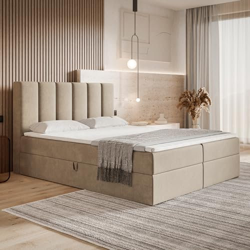 MOTIVENA Santiago Boxspringbett 180x200 mit Bettkasten und Topper, Polsterbett 180x200 mit Bettkasten, Taschenfederkern-Matratze (H3), Visco Memory-Foam Topper (H2), Samt, Beige