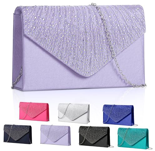 Fililogor Bolso de mujer plateado bolso de noche, cierre de sobre bolso bolso mujer boda, bolsos bandolera de mujer elegante con correa para el baile de fin de año, fiesta, Lila.