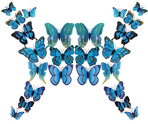 24 Stück 3D-Schmetterlings-Wanddekoration, Doppelschicht-Stereo-Schmetterlings-Wandaufkleber, abnehmbar, ideal für Partydekorationen zu Hause, Schlafzimmer (blau)