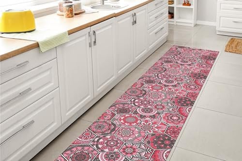 GL Home Tappeto Cucina Antiscivolo Made in Italy Passatoia Antimacchia Multiuso Corridoio Soggiorno Lavabile in Lavatrice - Esagoni Rosa - 50x100 cm