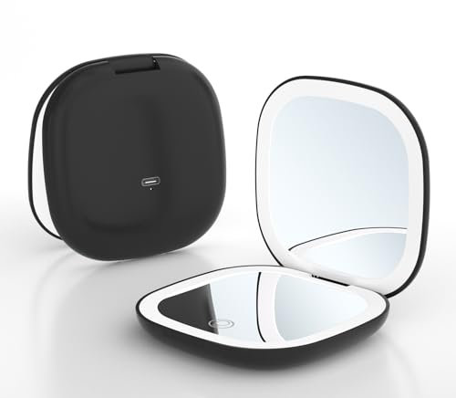 Meichoon Reise-Make-up-Spiegel Tragbarer Taschenspiegel LED-Beleuchtet Kompaktspiegel Mit 1-Und 5-Facher Vergrößerung 2-Seitig 3 Farben Dimmbar USB-Wiederaufladbar UK16 Schwarz