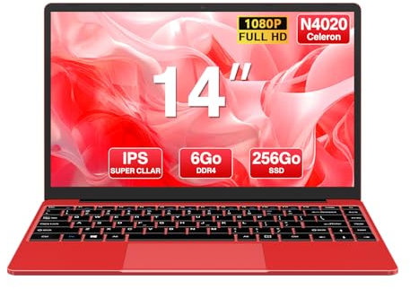 WOZIFAN Ordinateur PC Portable 256Go 14 Pouces SSD Expansible 1to Stockage Celeron N4020 Laptop Up to 2.8Ghz 2.4G+5G WiFi 1080p HDMI Bluetooth Souris sans Fil & Azerty Membrane du Clavier - Rouge
