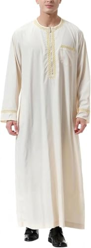 BeerMmay Herren Muslim Druck Kaftan Islamisch Royalty Dubai Robe O-Ausschnitt Lange Ärmel Retro Tuniken Abaya Lose Kandoura,Beige,XXXL