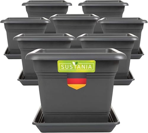 SUSTANIA Pflanzkübel Eckig 28x28 Anthrazit 8er Set - Robuster Blumentopf Groß, Übertopf Ideal für Tomatenpflanzen, Eckige Pflanztöpfe Kunststoff für Garten & Balkon