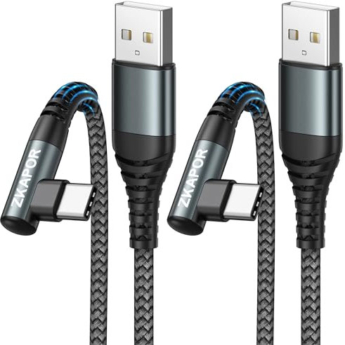 ZKAPOR Câble USB C [2M, Lot de 2], 90 Degrés Câble USB C Charge Rapide 3.1A Nylon Tressé Cable Type C Angle Droit pour iPhone 15 Pro Max, Samsung Galaxy S23/S22, Note 10, Huawei P40/P30, Google Pixel