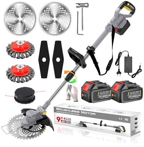 Rasentrimmer mit Akku 21V Freischneider mit Unkrautbürste Bürstenloser Akku Freischneider 4 in 1 Multitool Rasentrimmer mit Messer Freischneider Elektro Teleslopstiel für Garden, Trimmen, Grey,k