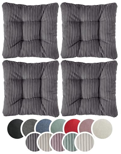 sleepling Stuhlkissen 4er-Set, Cord Optik, weicher Möbelstoff, 38 x 38 cm, Sitzkissen in Farbe dunkelgrau