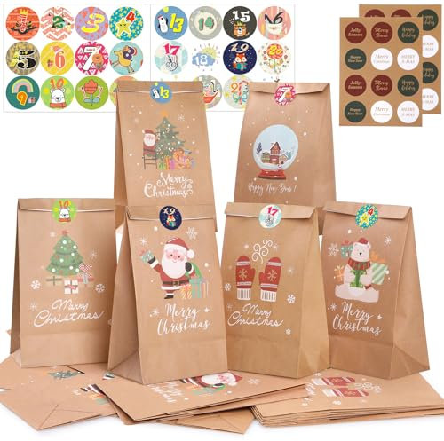 Hianjoo Sacchetti di Carta Natalizi, Calendario dell'Avvento Confezione da 24 Sacchetti Natalizi in Carta Kraft con 24 Adesivi per Decorazioni per Feste di Natale, 6 stili 22 * 12 * 8 CM